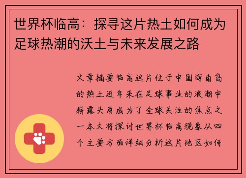 世界杯临高：探寻这片热土如何成为足球热潮的沃土与未来发展之路