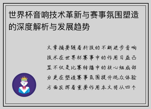 世界杯音响技术革新与赛事氛围塑造的深度解析与发展趋势